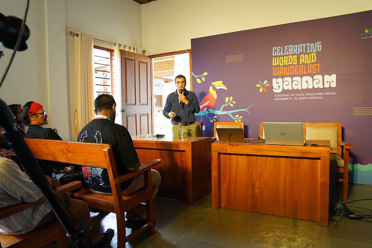 Expeditionary cyclist and author Dhruv Bogra speaking at Yaanam 2025, Varkala, Kerala