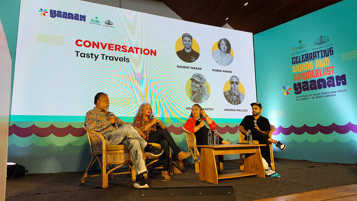 Writer Anurag Mallick, filmmaker Priya Ganapathy, and food expert Karen Anand (left to right) speaking at Yaanam 2025, Varkala, Kerala 