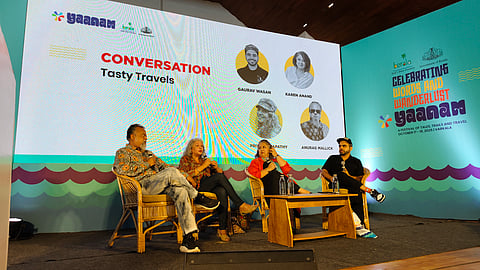 Writer Anurag Mallick, filmmaker Priya Ganapathy, and food expert Karen Anand (left to right) speaking at Yaanam 2025, Varkala, Kerala