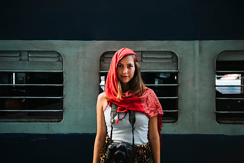 A foreign traveller at the railway station in Varanasi