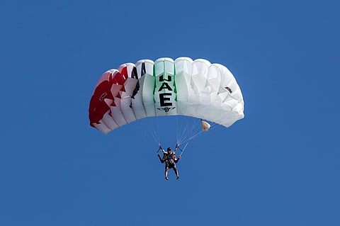 A skydiver at the Dubai International Parachuting Championship at Skydive Dubai Marina