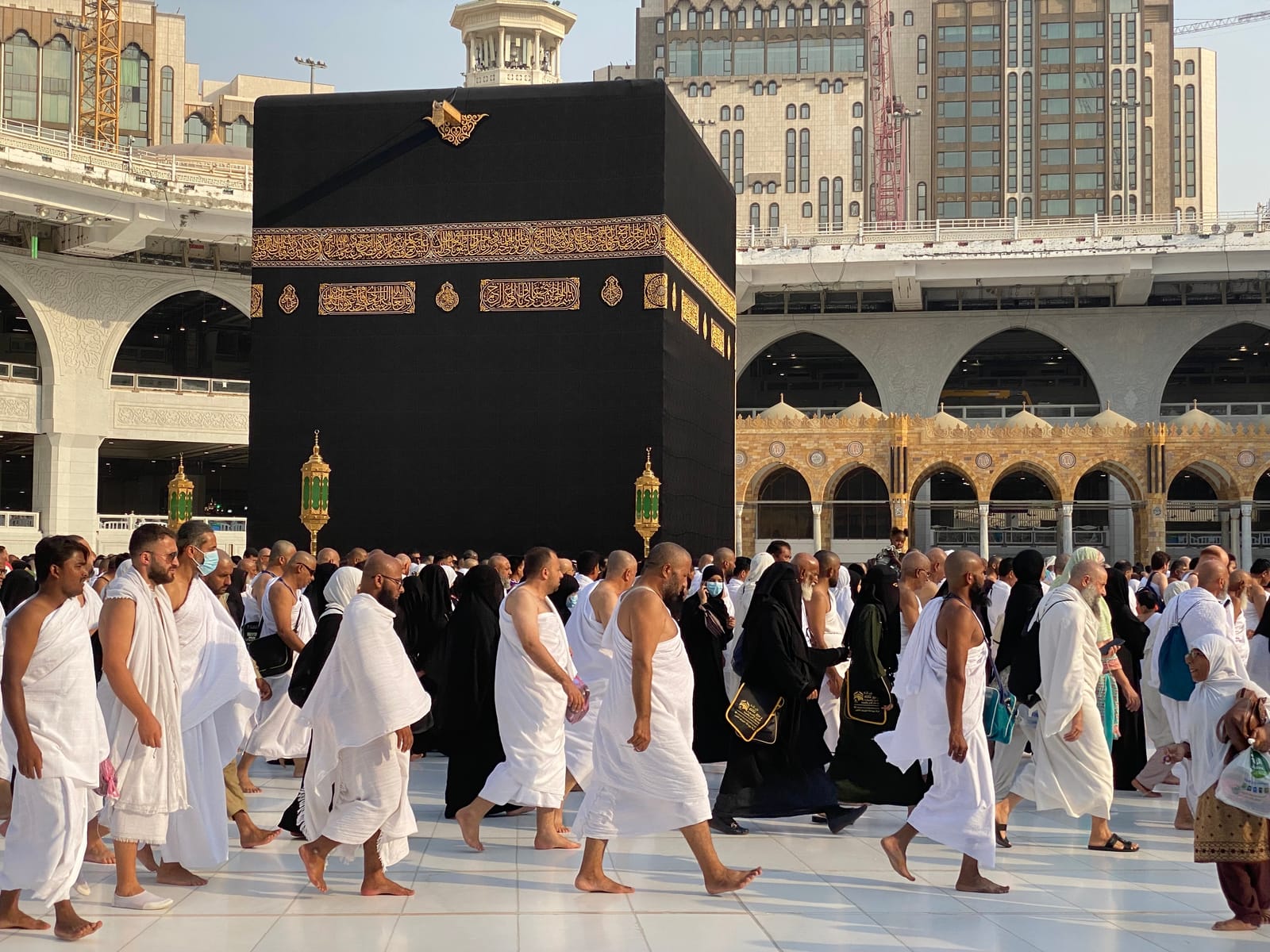 Umrah pilgrims performing tawaf around the Kaaba at Masjid al-Haram in Mecca