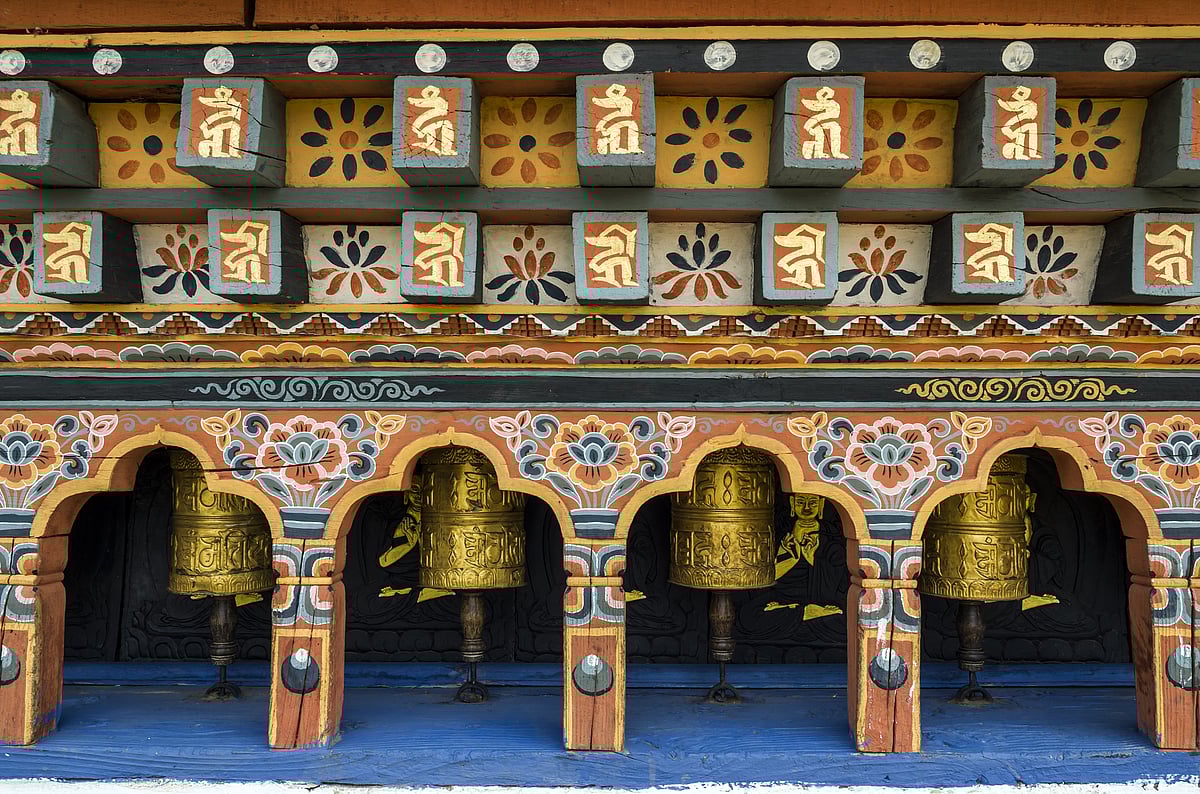 Prayer wheels at Chimi Lhakhang Monastery, one of Punakha’s most revered Buddhist sites