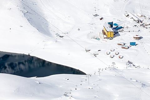 High altitude view of the Portillo ski resort and Inca lake