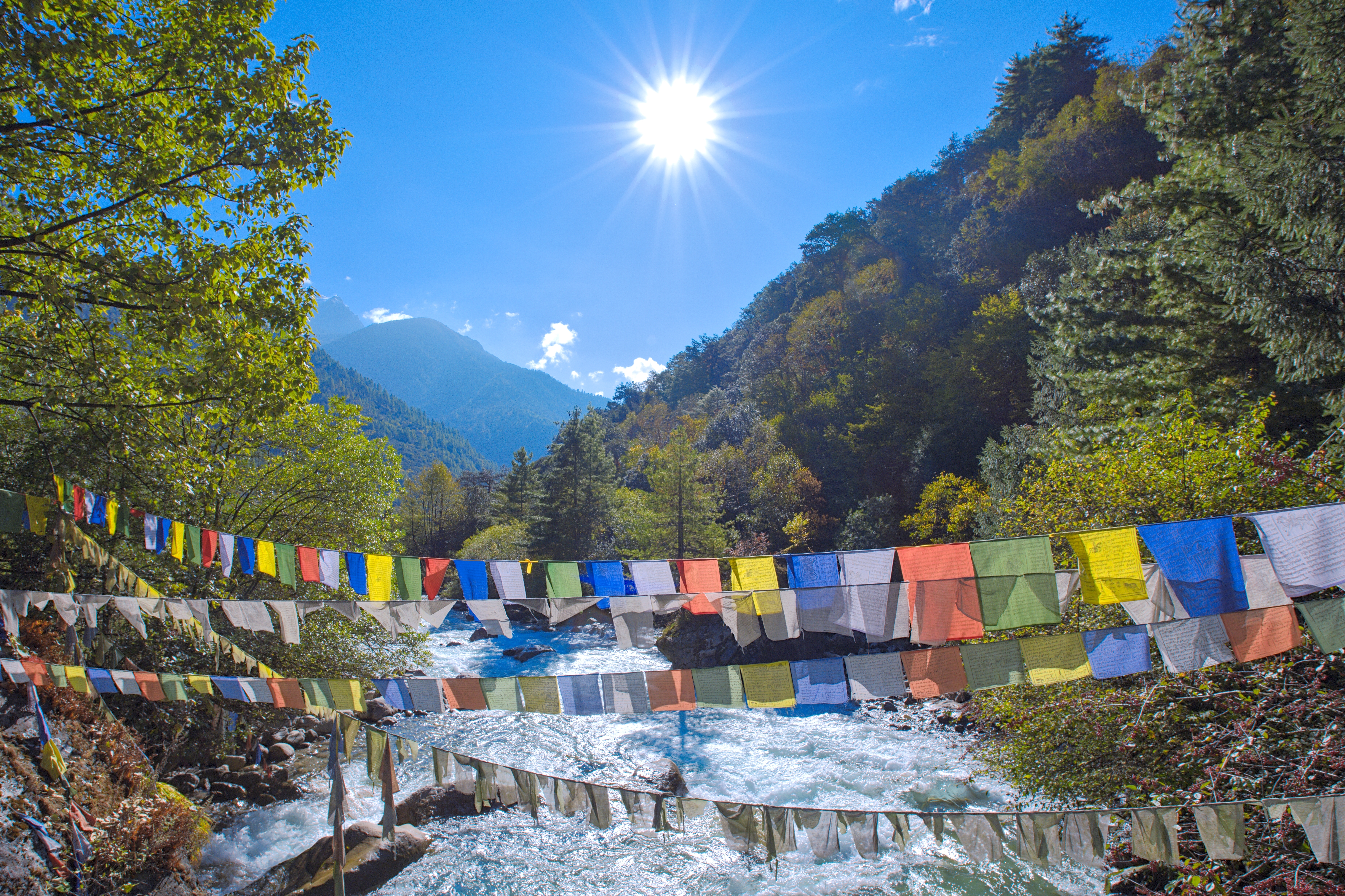 The Jomolhari trail from Shana to Thangthangkha winds through a forest beside the gushing Paro River in autumn
