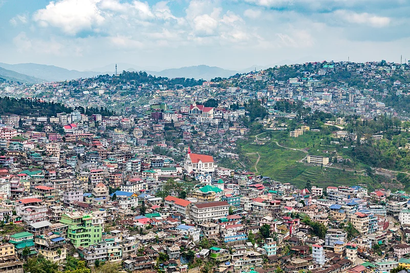 Colourful homes dot the hillside in Kohima, Nagaland
