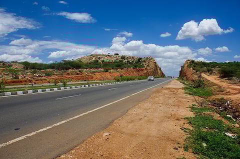 National Highway 44 winds through the green plains near Tirunelveli, Tamil Nadu