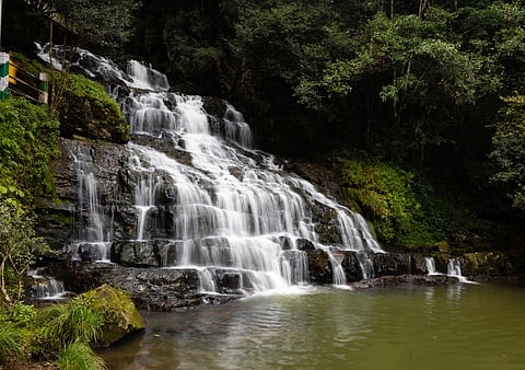 Water cascades over rocks at the Elephant Falls in Shillong, Meghalaya