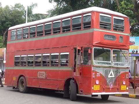 A 2016 photo of a BEST double decker bus at Chatrapati Shivaji Terminus (CST) Bus station in Mumbai