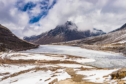 Sela Pass shines in winter with its frozen lake and pristine snow peaks