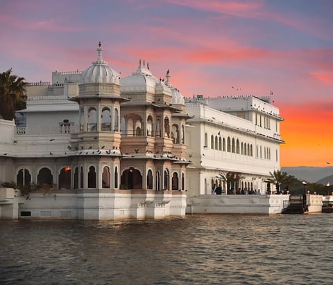 The Taj Lake Palace in Udaipur during sunset