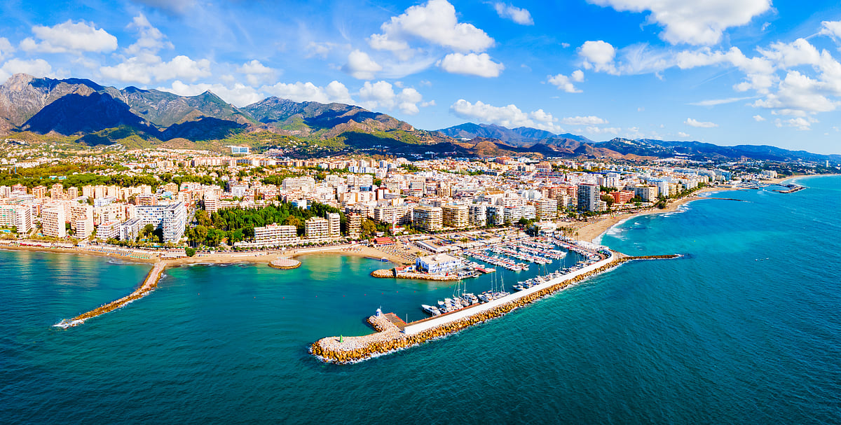 An aerial panoramic view of the Marbella marina