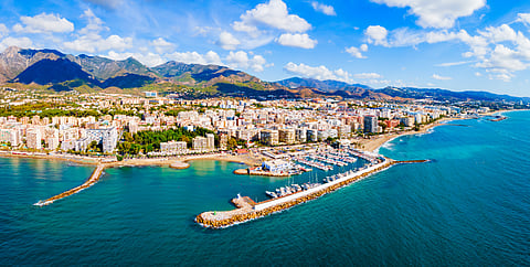 An aerial panoramic view of the Marbella marina