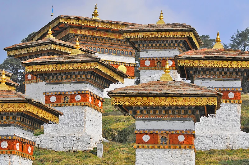 The 108 memorial chortens at Dochula Pass, Bhutan