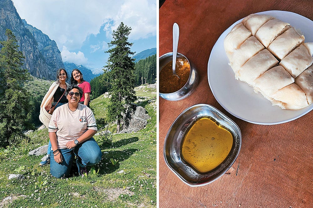 Left and right: Blue skies and mountains at Sethan; A plate of siddu served with sides of chutney and ghee