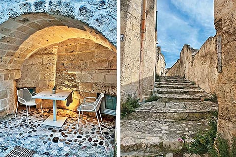 (L-R) Limestone stairways wind through Matera’s alleys; luxury seamlessly carved into ancient caves