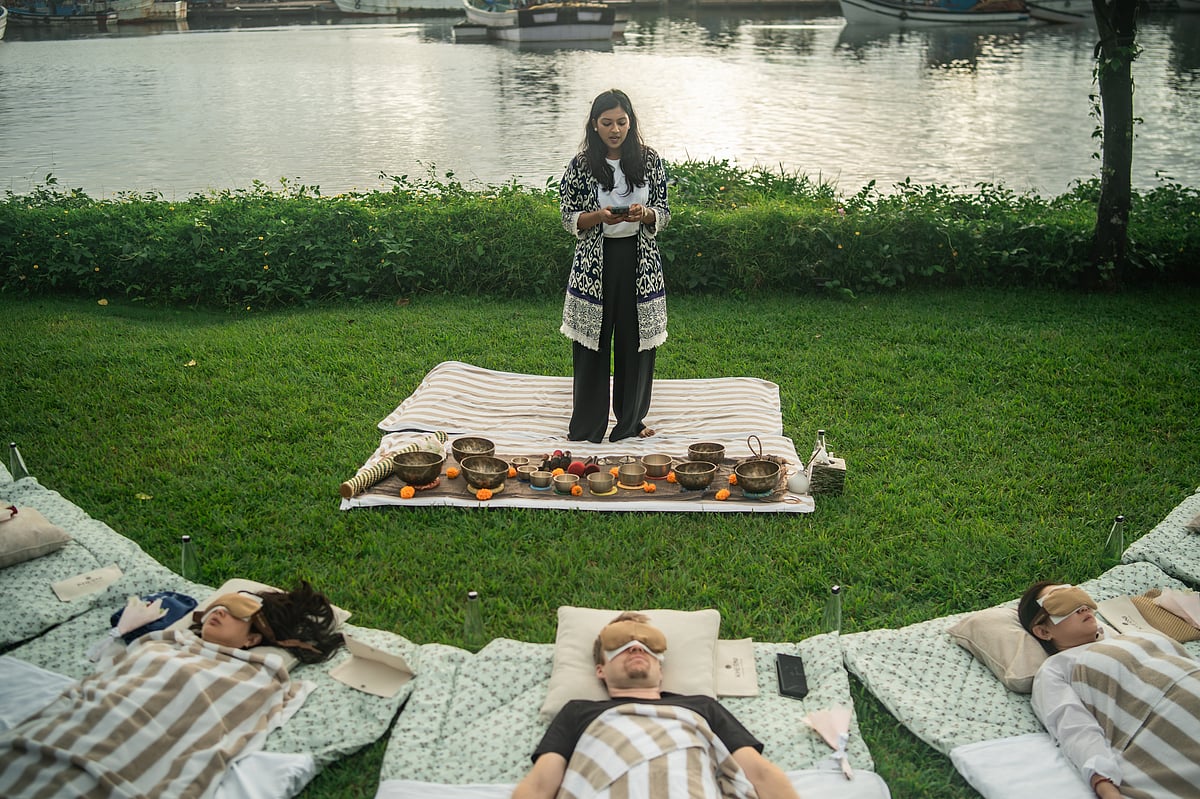 Sound healing session by the riverside harmonises the mind and body