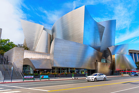 The shimmering steel curves of the Walt Disney Concert Hall