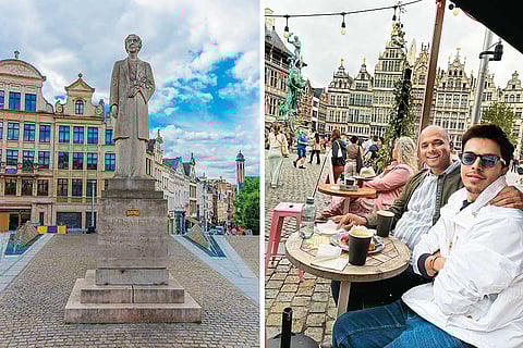 Left and right: Statue of Queen Elisabeth of Belgium at Place de l'Albertine; The author (right) at a café with a friend