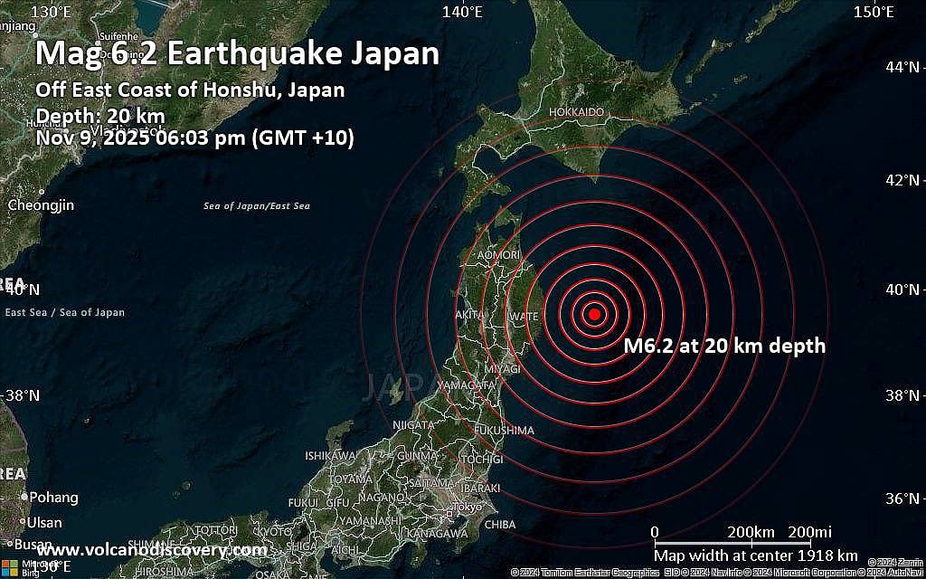 Epicentre of the magnitude 6.2 earthquake off the east coast of Honshu, Japan, as recorded on November 9, 2025