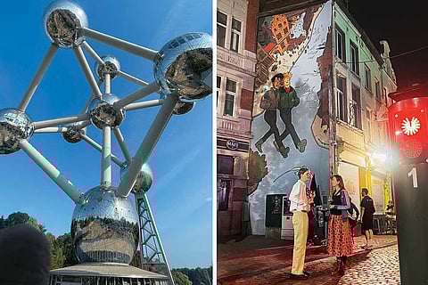 Left and right: The Atomium is one of the tallest structures in Belgium; People gather around a comic-style street mural at night