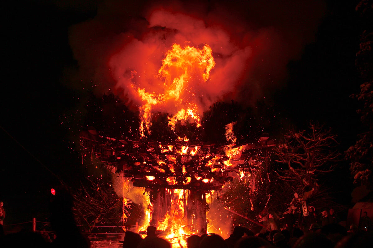 A huge burning structure at the annual Nozawa Onsen Fire Festival, celebrating the birth of a family’s first child, dispelling evil spirits, and also praying for a happy marriage