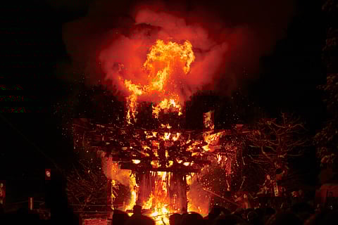 A huge burning structure at the annual Nozawa Onsen Fire Festival, celebrating the birth of a family’s first child, dispelling evil spirits, and also praying for a happy marriage