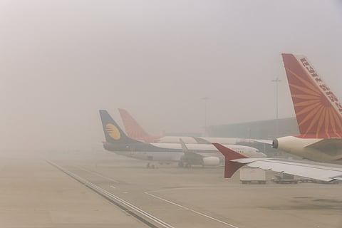 Dense fog reduces visibility at Delhi airport runway