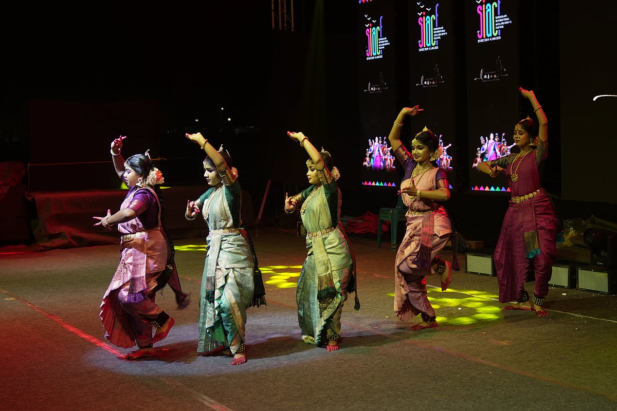 Dancers perform on stage at the Sargaalaya International Arts & Crafts Festival in Iringal 