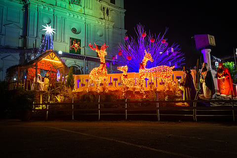 An outdoor Christmas crib illuminated in Goa