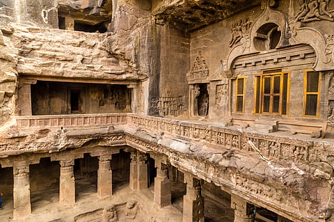 Rock-cut façade at the Ellora Caves, Maharashtra