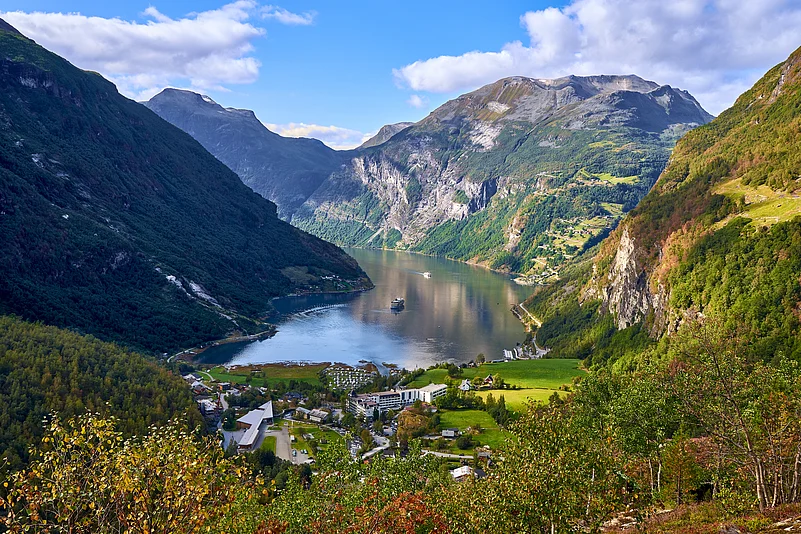 Geirangerfjord overlooking the village of Geiranger, Norway