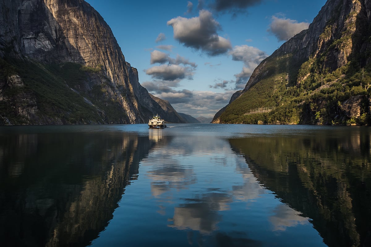 A ferry navigating Lysefjord, Norway