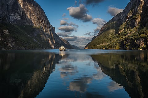A ferry navigating Lysefjord, Norway
