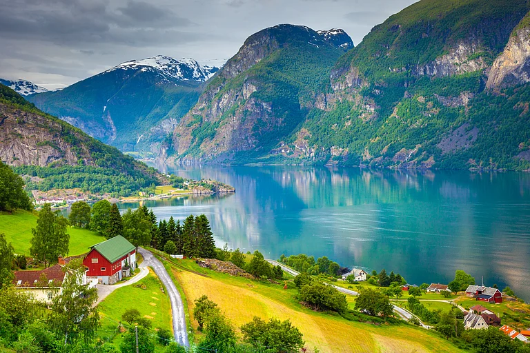 Farms and countryside along Aurlandsfjord, Norway - Shutterstock