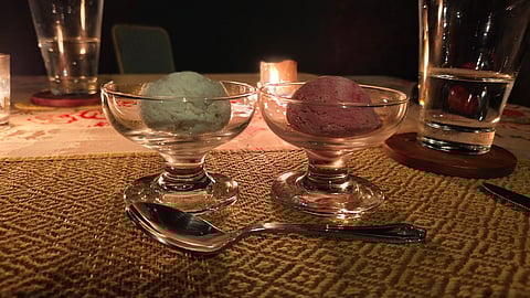 Sitaphal and Rose ice creams as dessert at Pench Tree Lodge