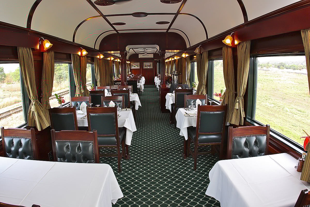 Interior dining car of Rovos Rail’s vintage steam train, South Africa