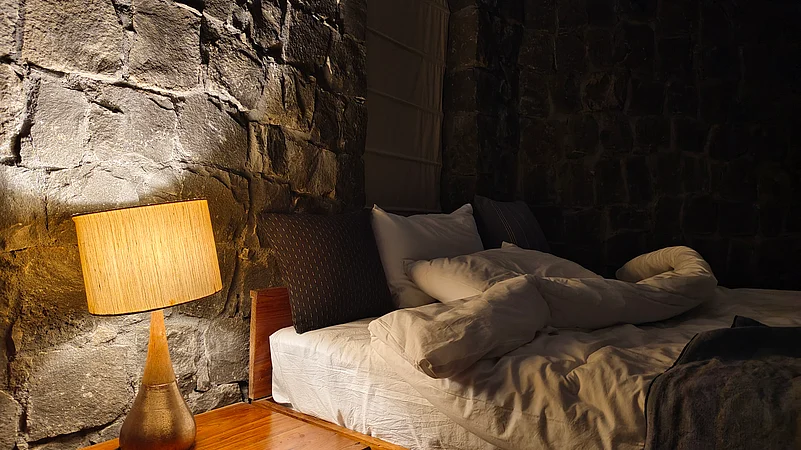 The bed-space upstairs in my cottage at Pench Tree Lodge