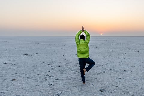 Morning yoga at the White Rann of Kutch, Gujarat