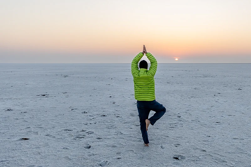 Morning yoga at the White Rann of Kutch, Gujarat