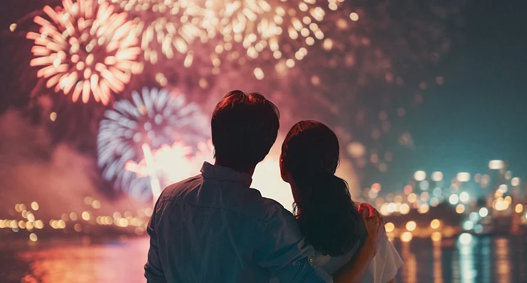 A couple watches New Year fireworks together - Shutterstock