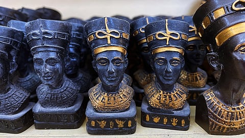 Carved in alabaster, a stone long associated with New Kingdom royal burials in the Valley of the Queens, these Nefertiti figures reflect Egypt’s enduring material legacy