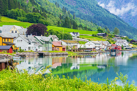 Buildings along the Fjærlandsfjord, Norway