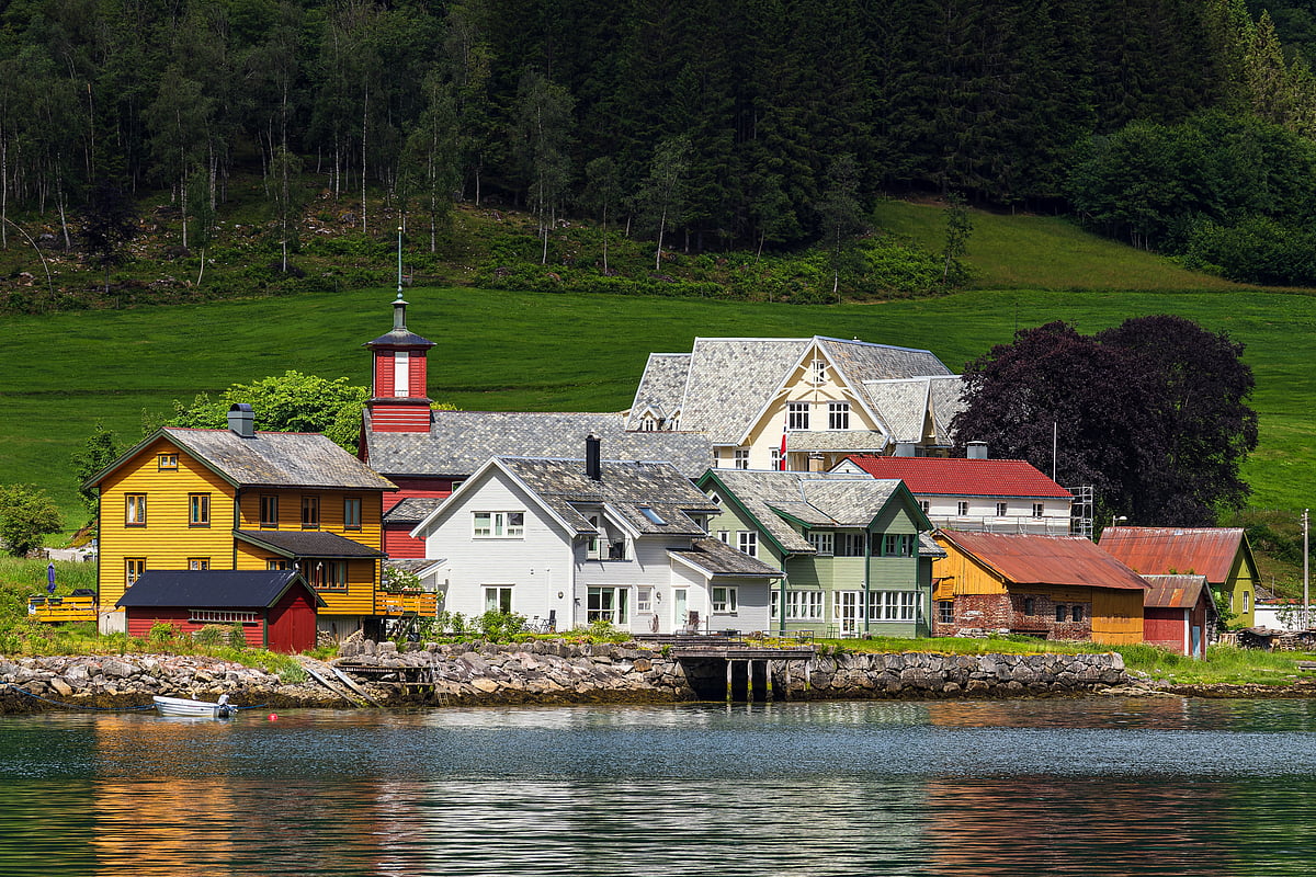 Church and houses in Fjærland, Norway