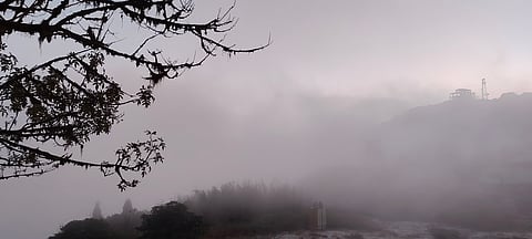 Fog engulfed the Tiger Hill in Darjeeling before sunrise