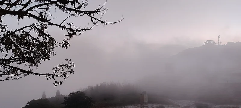 Fog engulfed the Tiger Hill in Darjeeling before sunrise
