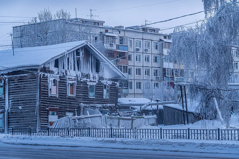 A frozen wooden building in Yakutsk