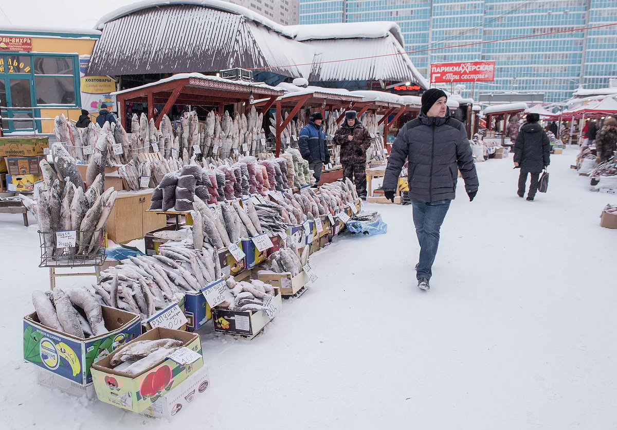 Even the fish laid out at market stalls remain frozen solid