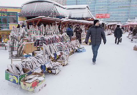Even the fish laid out at market stalls remain frozen solid
