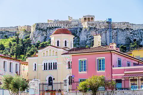 Ruins of Hadrian’s Library in Athens’ historic Plaka–Monastiraki area